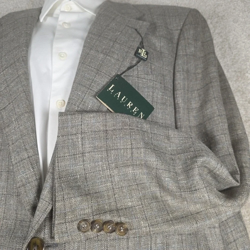 Lauren Ralph Lauren Blazer Mens 43T Tan Silk Linen Wool Glen Plaid Sprt Coat NEW - Picture 2 of 11